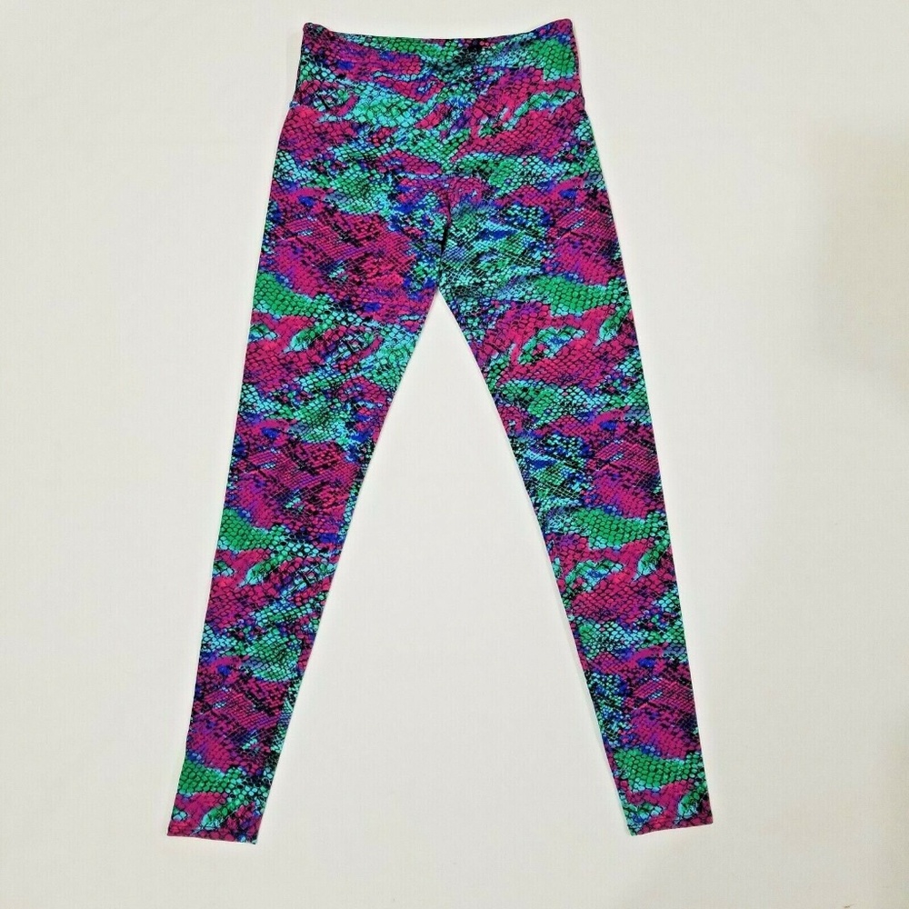 Onzie Colorful Leggings Purple and Green Snake Skin Print Neon Bright Magenta XS
